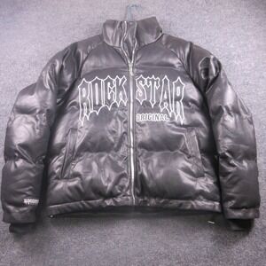 Rockstar Original Jacket Mens Large Black PU‎ Puffer Rock Star Graphic Quilted